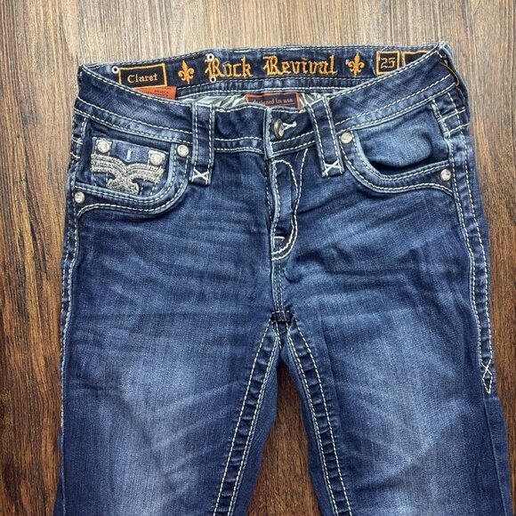 ROCK REVIVAL Claret Mid-Rise Skinny Jeans Distressed Dark-Wash Women’s Size 25 - Picture 3 of 13